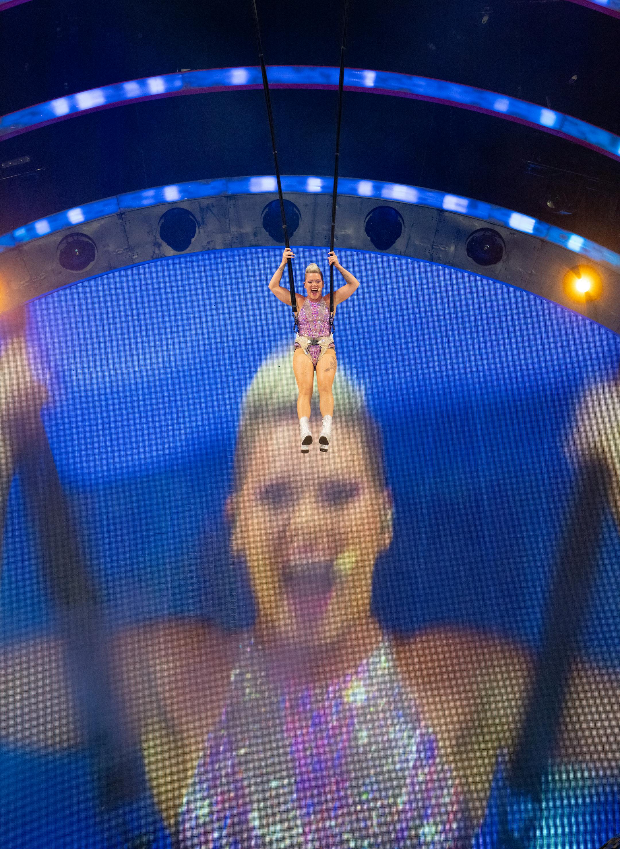 Pink emerged from a giant mouth high above the stage before launching into Get the Party Started and bungee jumping down. Pink brought her Summer Carnival Tour to Target Field in Minneapolis Thursday night, August 10, 2023.