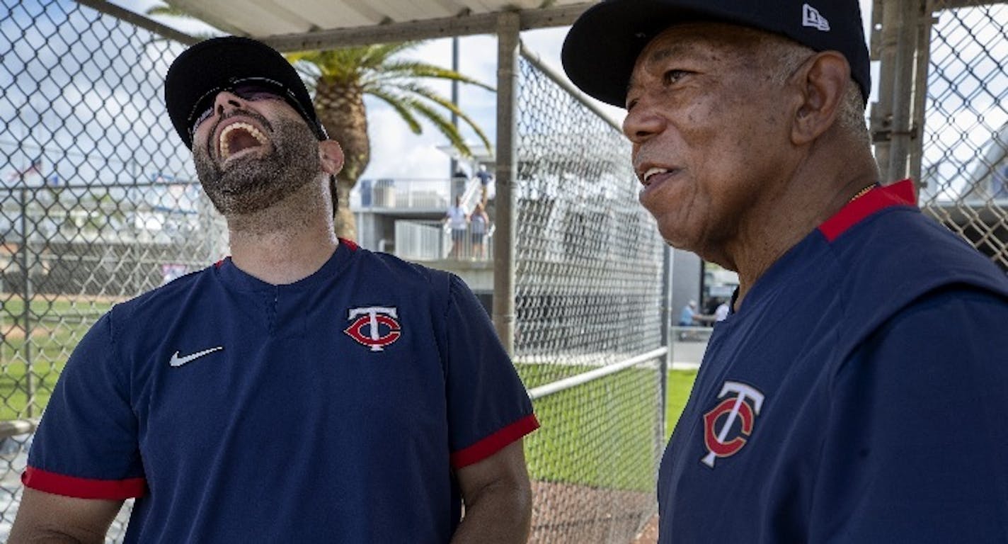 New Twins catcher Alex Avila, left, joked with Twins legend Tony Oliva during a recent spring training practice.