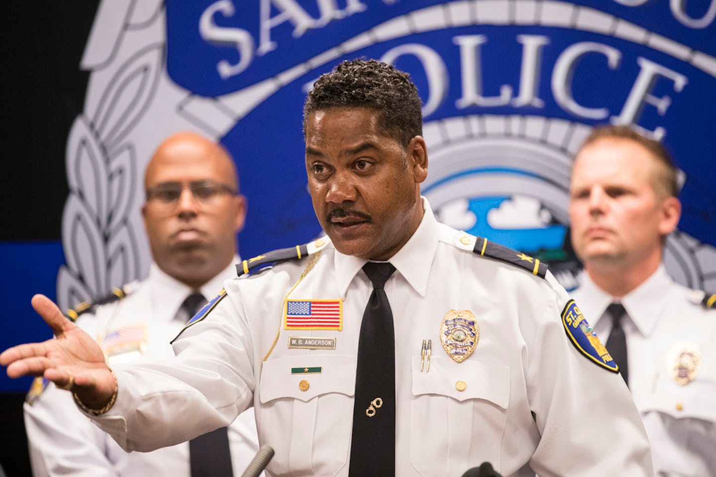 St. Cloud Police Chief Blair Anderson is seen at a 2016 news conference. On Monday, June 15, he said said rumors spread on social media led to a large and at times unruly crowd assembled outside police headquarters overnight. People threw rocks at the building and four were arrested for minor offenses.