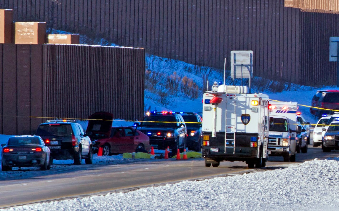 The scene of a high speed car chase that ended in shots fired in Chanhassen on Thursday, Feb. 7, 2014.