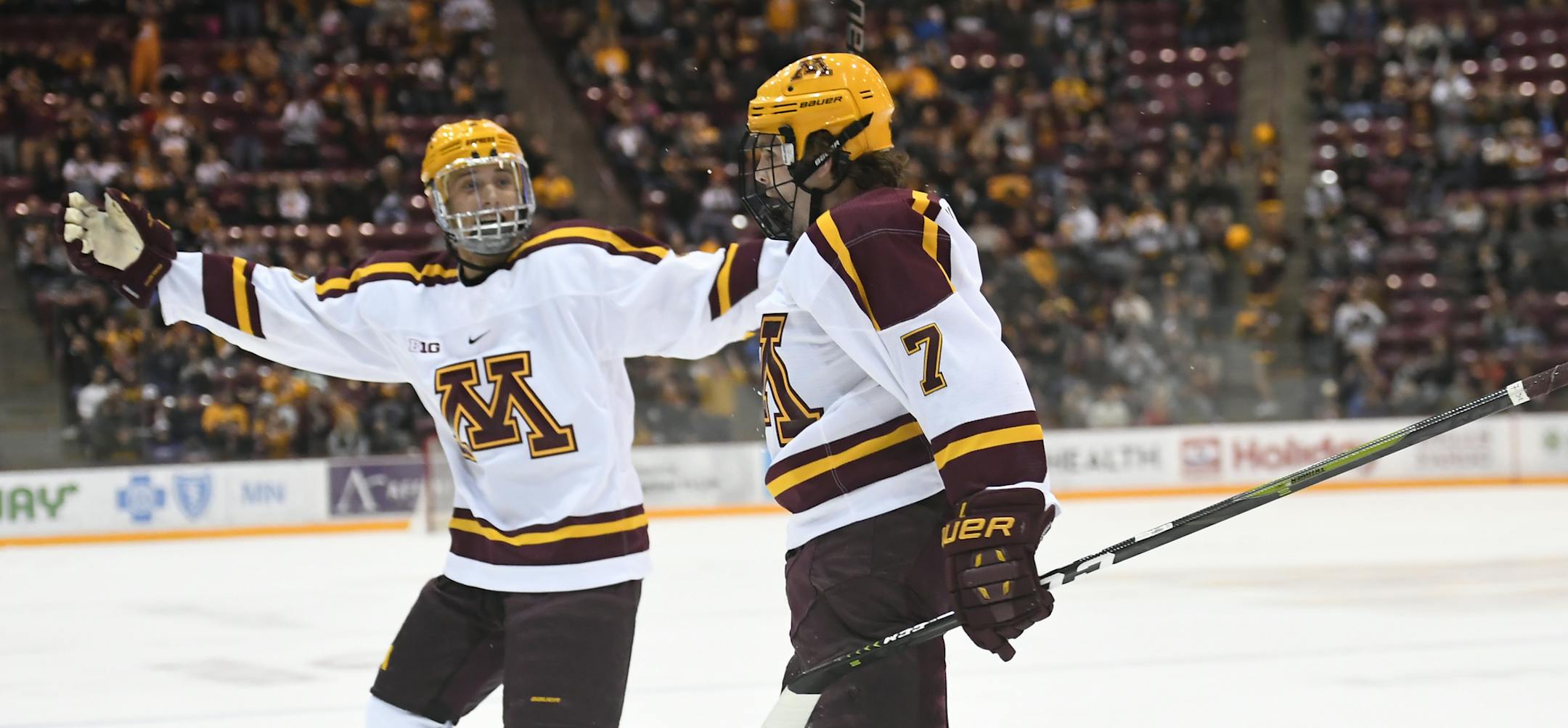 Minnesota Golden Gophers defenseman Jack Sadek (2) and forward Brannon McManus (7) celebrated McManus' first goal of the night against the Minnesota-Duluth Bulldogs. ] AARON LAVINSKY &#xa5; aaron.lavinsky@startribune.com The University of Minnesota Golden Gophers men's hockey team played the University of Minnesota-Duluth Bulldogs on Sunday, Oct. 7, 2018 at the 3M Arena at Mariucci in Minneapolis, Minn.