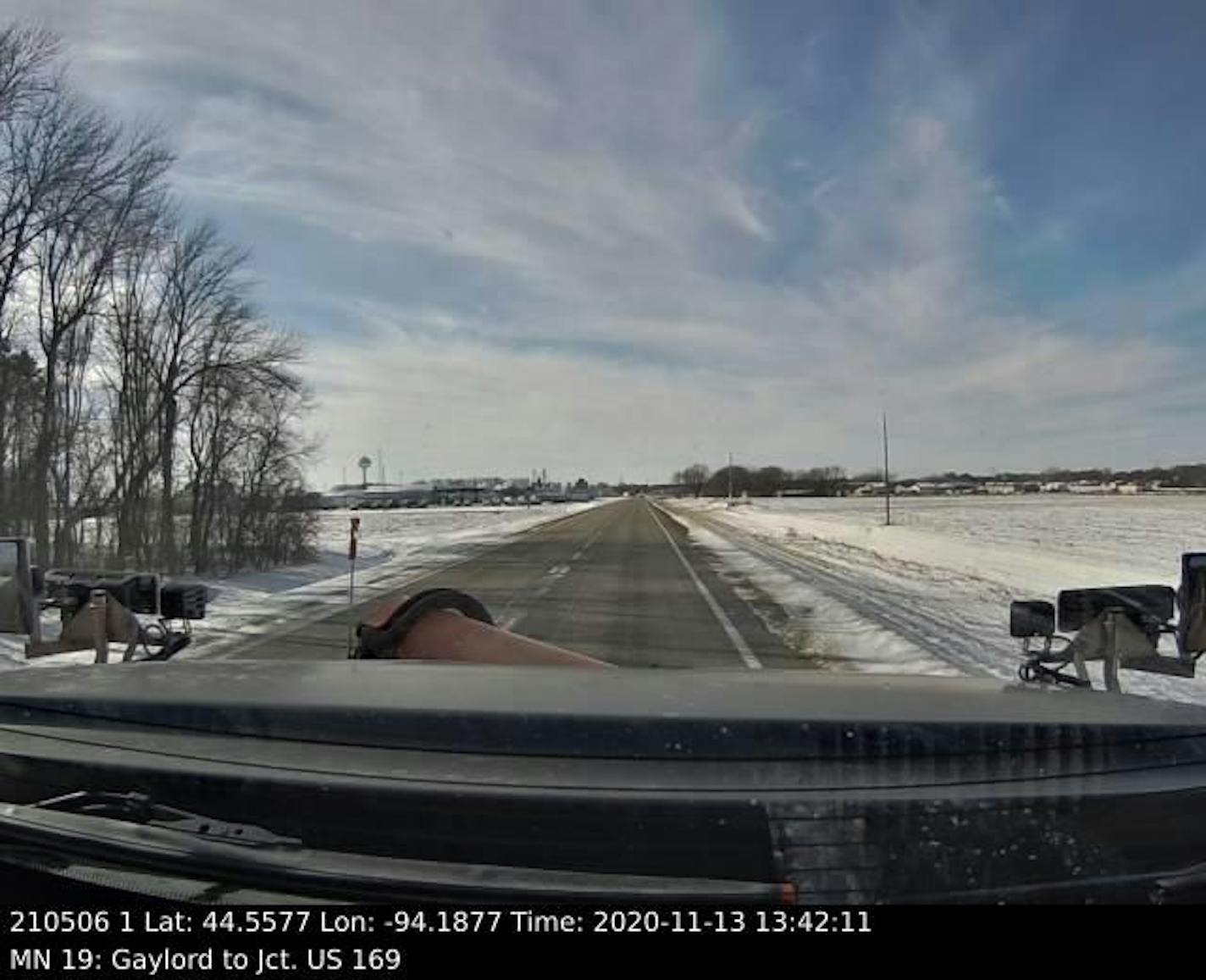 A view of Hwy. 19 near Gaylord, Minn. from a MnDOT snowplow. MnDOT is testing a text and e-mail notification system in southeast Minnesota.