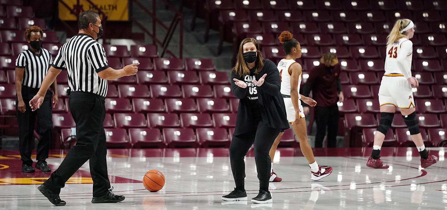 Gophers head coach Lindsay Whalen had words with the officials on the court at the end of the second quarter.