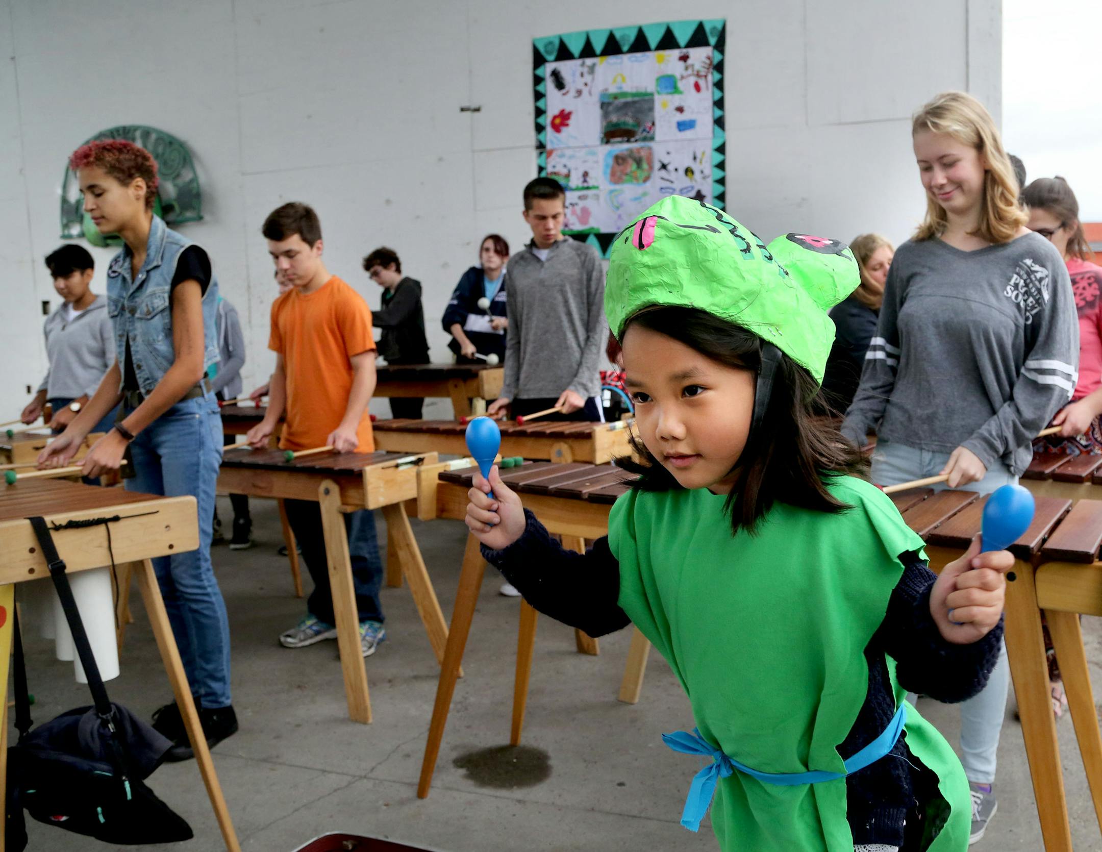 A marimba band concert and pageant of the frogs celebrated the conclusion of FrogLab at the Hmongtown Marketplace mall Saturday, Oct. 15, 2016, in St. Paul, MN. Here, Keerataya Xiong, 7, wearing a frog outfit to be part of a puppet show later in the event, plays the maracas as members of the Breck School marimbas rehearse.