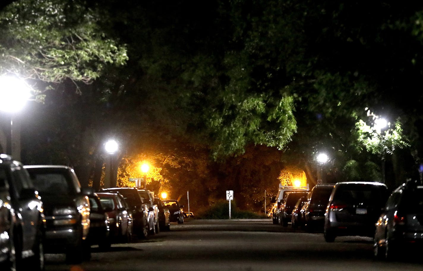 The difference in the color temperature of the street light bulbs is apparent on Laurel Ave. past North Griggs St. in St. Paul. ] CARLOS GONZALEZ cgonzalez@startribune.com - June 29, 2016, St. Paul, MN, How blue will our cities be in the future? That is the question facing public officials and medical experts grappling with the impacts of high-tech LED streetlights being installed by the thousands in Minnesota and across the country. The American Medical Association recently took a stand on the