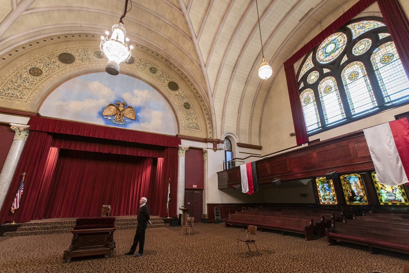 Ken Carroll, freemason and chairman of the building committee, stands inside the Scottish Rite Masonic Center in Minneapolis.