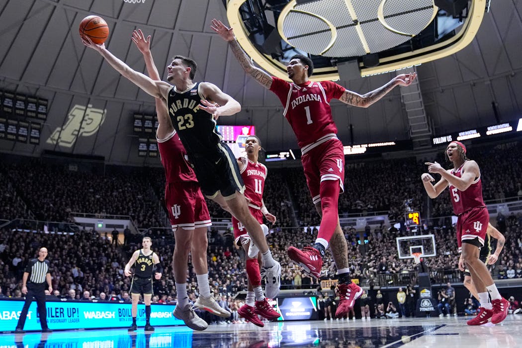 Purdue forward Cam Heide (23) has earned playing time with his defense for the Boilermakers.
