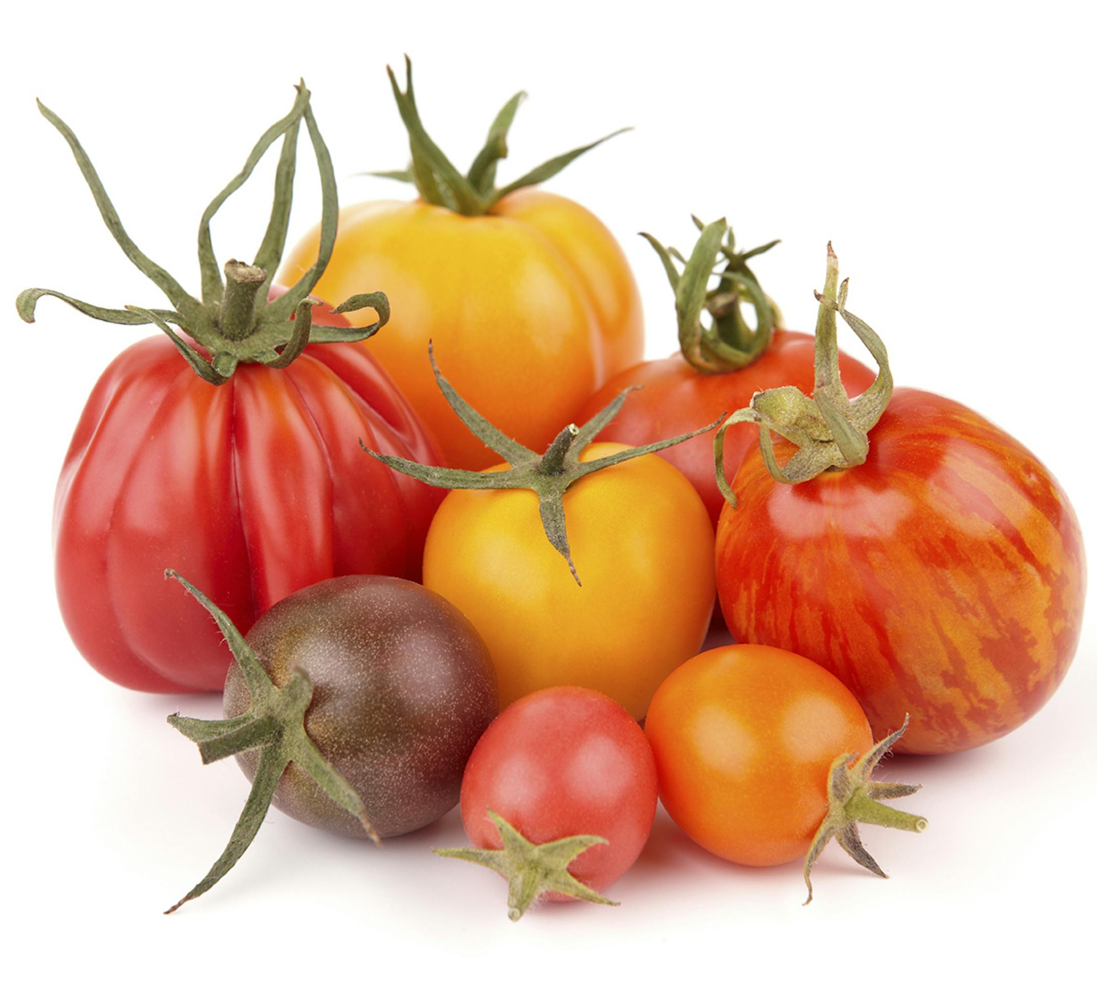 Group of different heirloom tomatoes on white background. From istockphoto.com