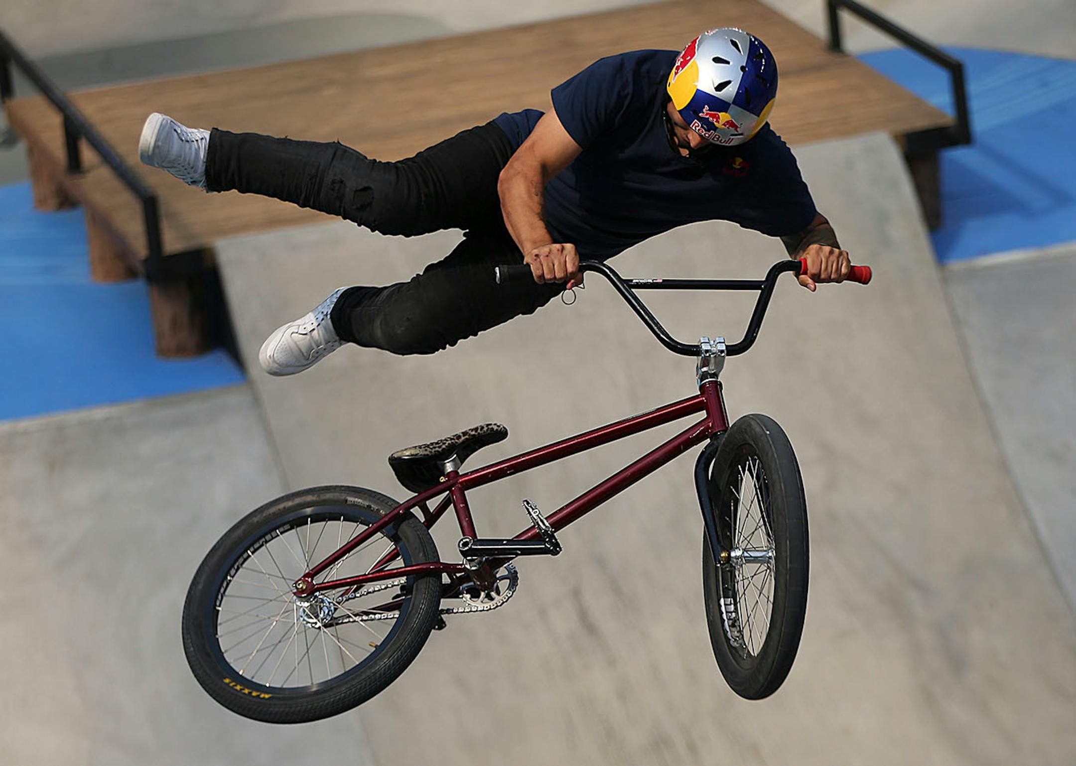 Daniel Sandoval pulls off a trick during one of his runs in the men's BMX park final.