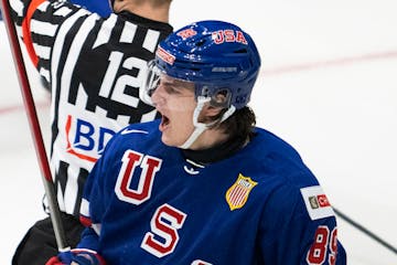 Matthew Knies celebrated a goal last month at the IIHF World Junior Hockey Championship in Red Deer, Alberta. Knies, a freshman forward for the Gopher