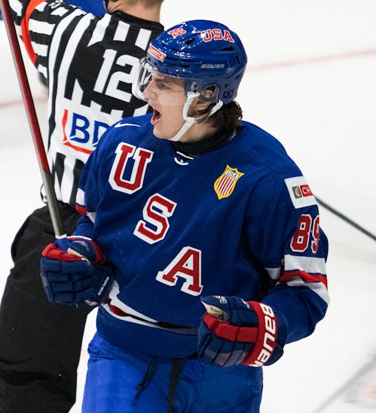 Matthew Knies celebrated a goal last month at the IIHF World Junior Hockey Championship in Red Deer, Alberta. Knies, a freshman forward for the Gopher