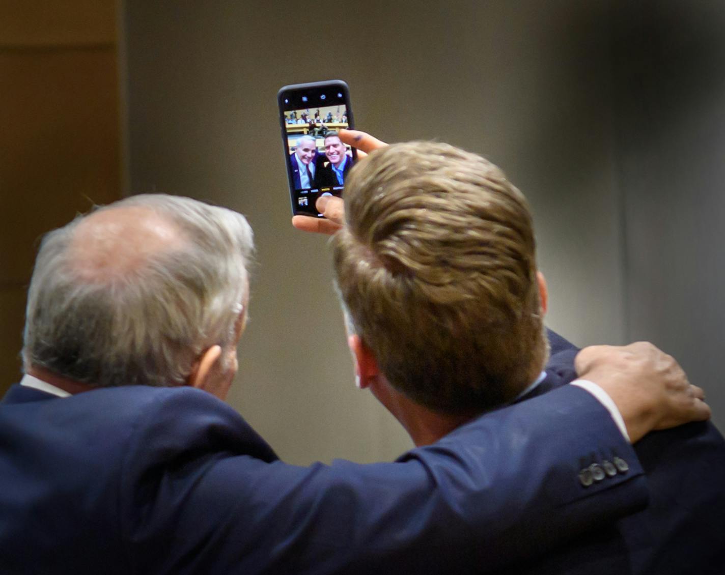 House Speaker Kurt Daudt took a selfie with Governor Mark Dayton at the start of the pre-session preview. ] GLEN STUBBE &#xa5; glen.stubbe@startribune.com Tuesday, February 13, 2018 Senate Minority Leader Tom Bakk, Senate Majority Leader Paul Gazelka, Governor Mark Dayton, House Speaker Kurt Daudt and House Minority Leader Melissa Hortman all came together for a pre-session preview. The 2018 legislative session will both shape and be shaped by the forthcoming campaign, and a number of candidates