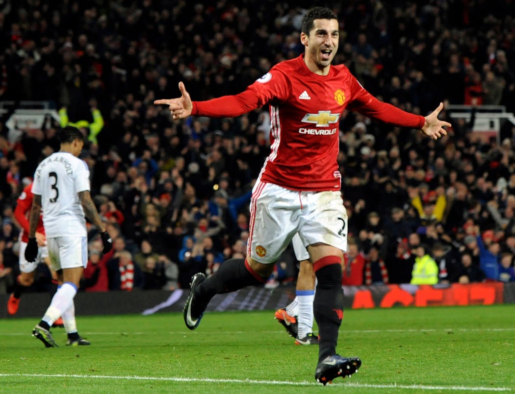 Manchester United's Henrikh Mkhitaryan celebrated after scoring his side's third goal during the English Premier League soccer match between Manchester United and Sunderland at Old Trafford in Manchester, England, on Monday.