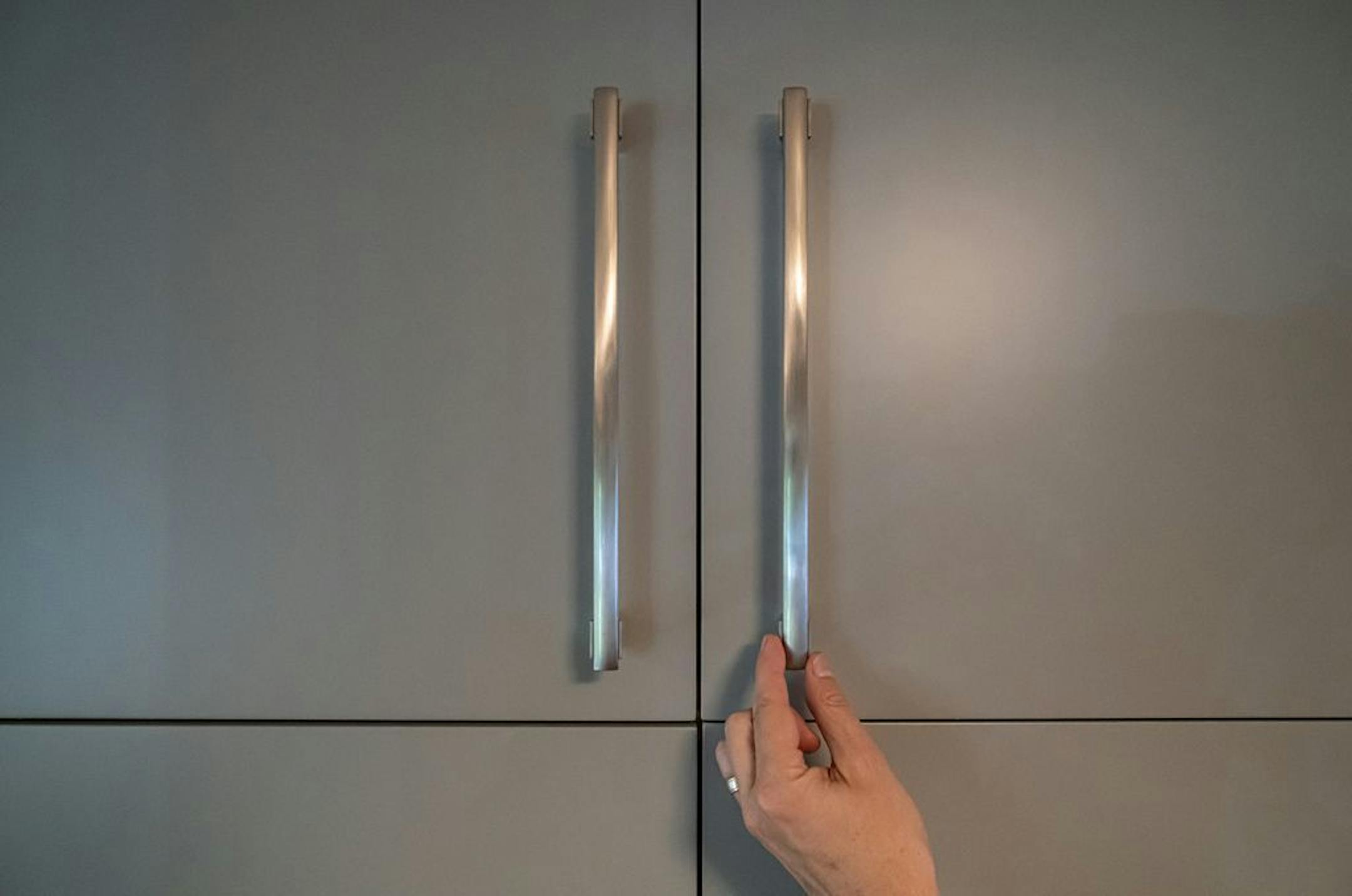 Brushed nickel cabinet hardware in the new kitchen.