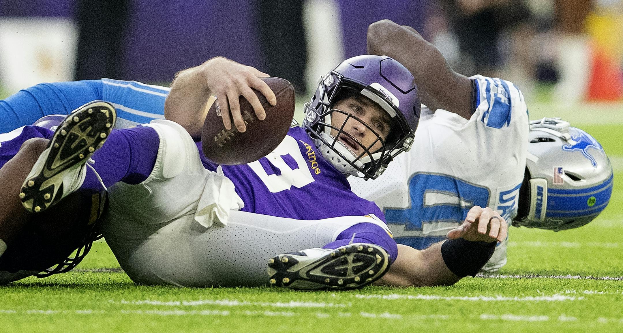Kirk Cousins was sacked in the second quarter.