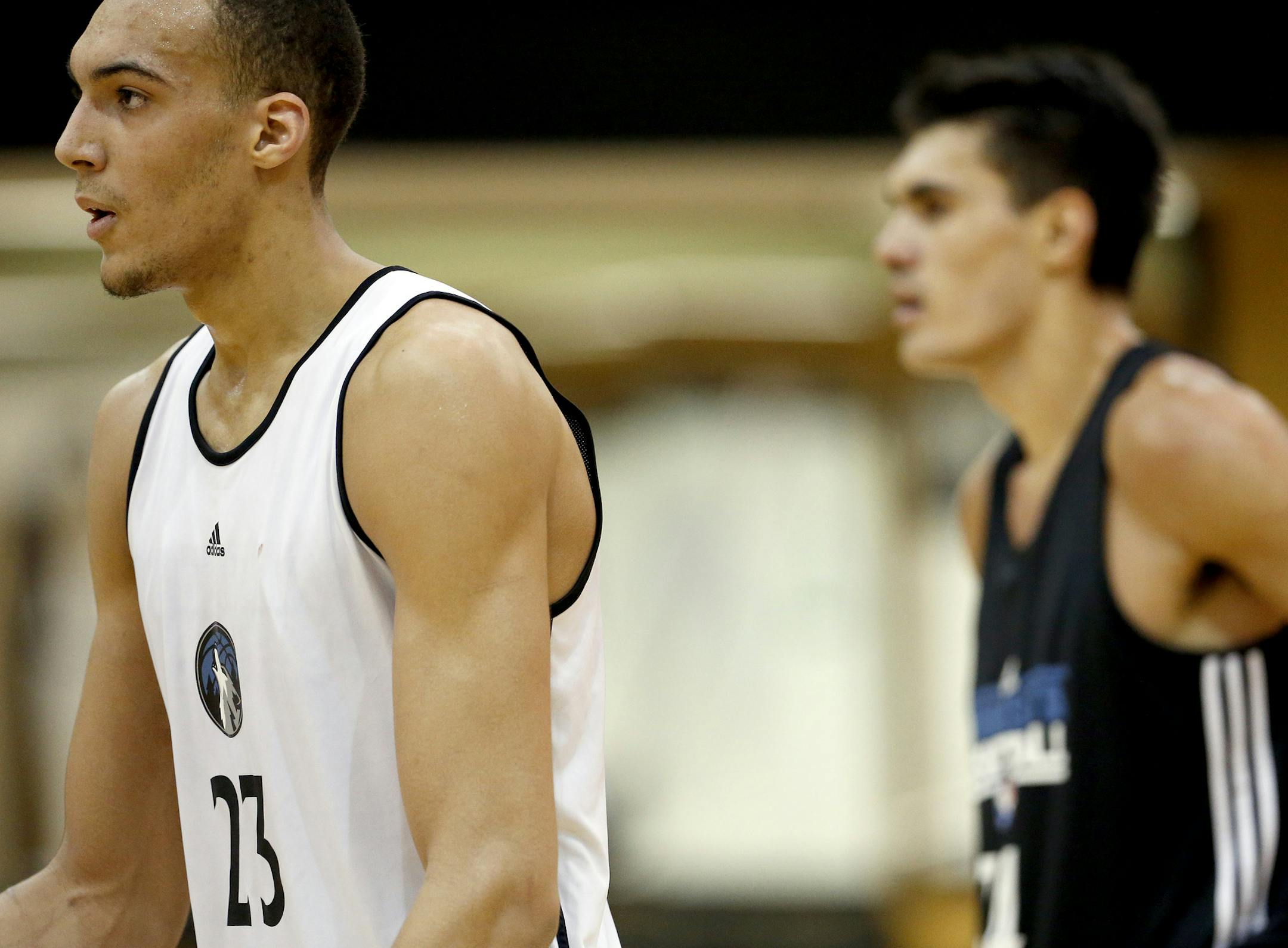 Rudy Gobert (23) and Steven Adams (34) worked out with the Timberwolves on Wednesday. ] CARLOS GONZALEZ cgonzalez@startribune.com June 12, 2013, Minneapolis, Minn., Target Center, NBA Minnesota Timberwolves - No. 9 candidates Cody Zeller, Pitt's Steven Adams and 7-2 French center Rudy Gobert take part in a pre-draft camp Wednesday