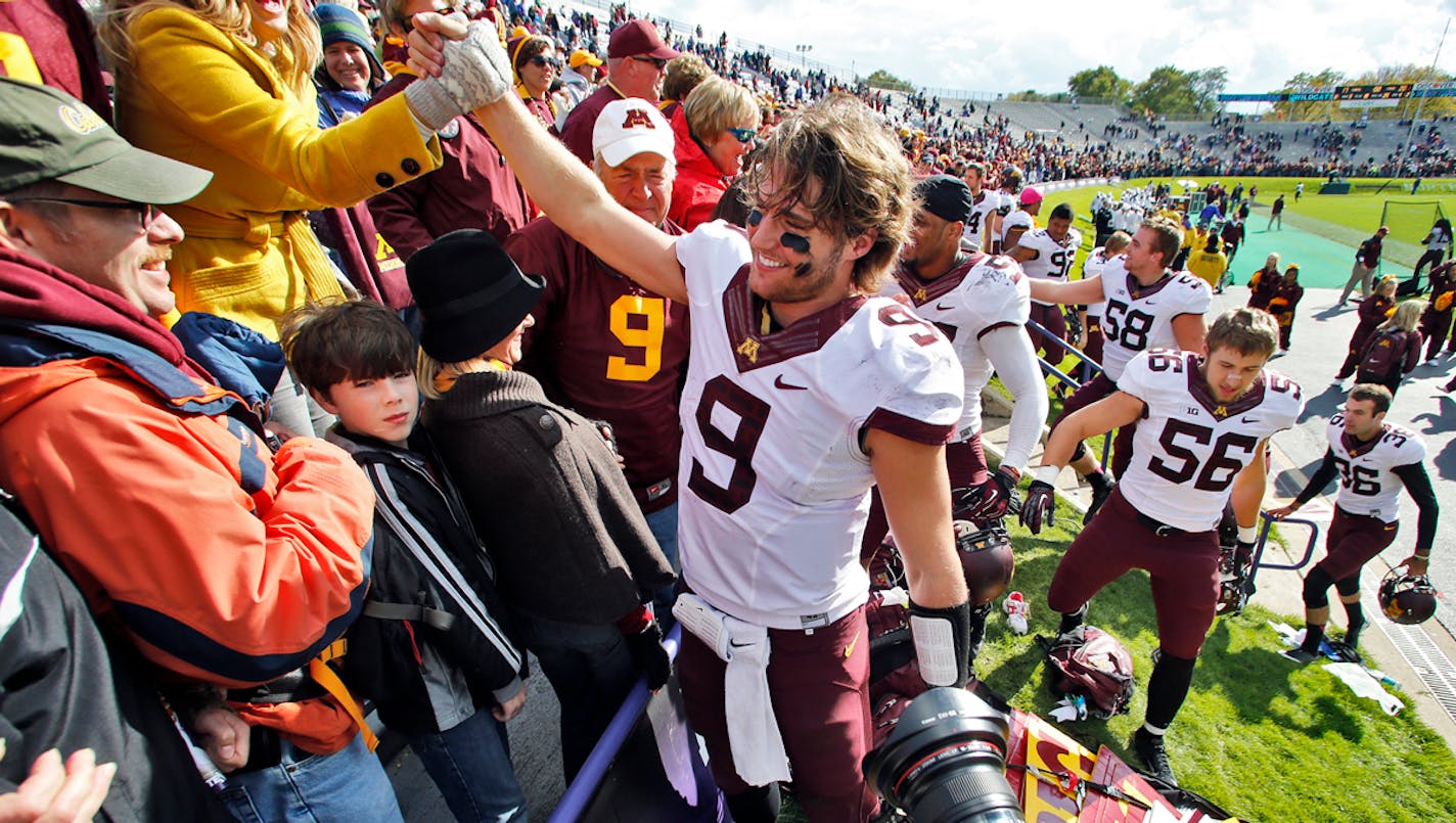 Gophers quarterback Philip Nelson bonded with the fans who made the trip to Northwestern for a Gophers victory.