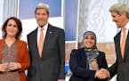 State Department photos U.S. Secretary of State John Kerry presents the 2016 International Women of Courage Award to Nagham Nawzat of Iraq, a Yezidi A