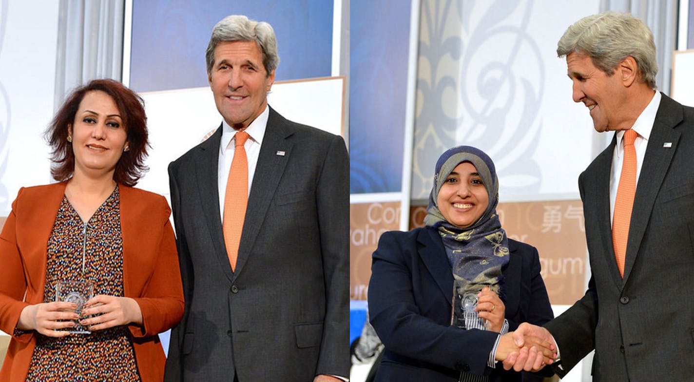 State Department photos U.S. Secretary of State John Kerry presents the 2016 International Women of Courage Award to Nagham Nawzat of Iraq, a Yezidi Activist and Gynecologist, at the U.S. Department of State in Washington, D.C., on March 29, 2016. U.S. Secretary of State John Kerry presents the 2016 International Women of Courage Award to Nihal Naj Ali Al-Awlaqi of Yemen, Minister of Legal Affairs, at the U.S. Department of State in Washington, D.C., on March 29, 2016.