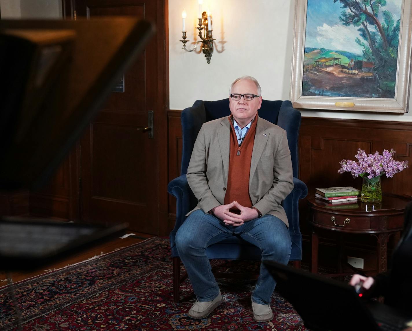 Minnesota Gov. Tim Walz prepared to deliver his delayed State of the State address over YouTube from his residence. ] GLEN STUBBE &#x2022; glen.stubbe@startribune.com Sunday, April 5, 2020