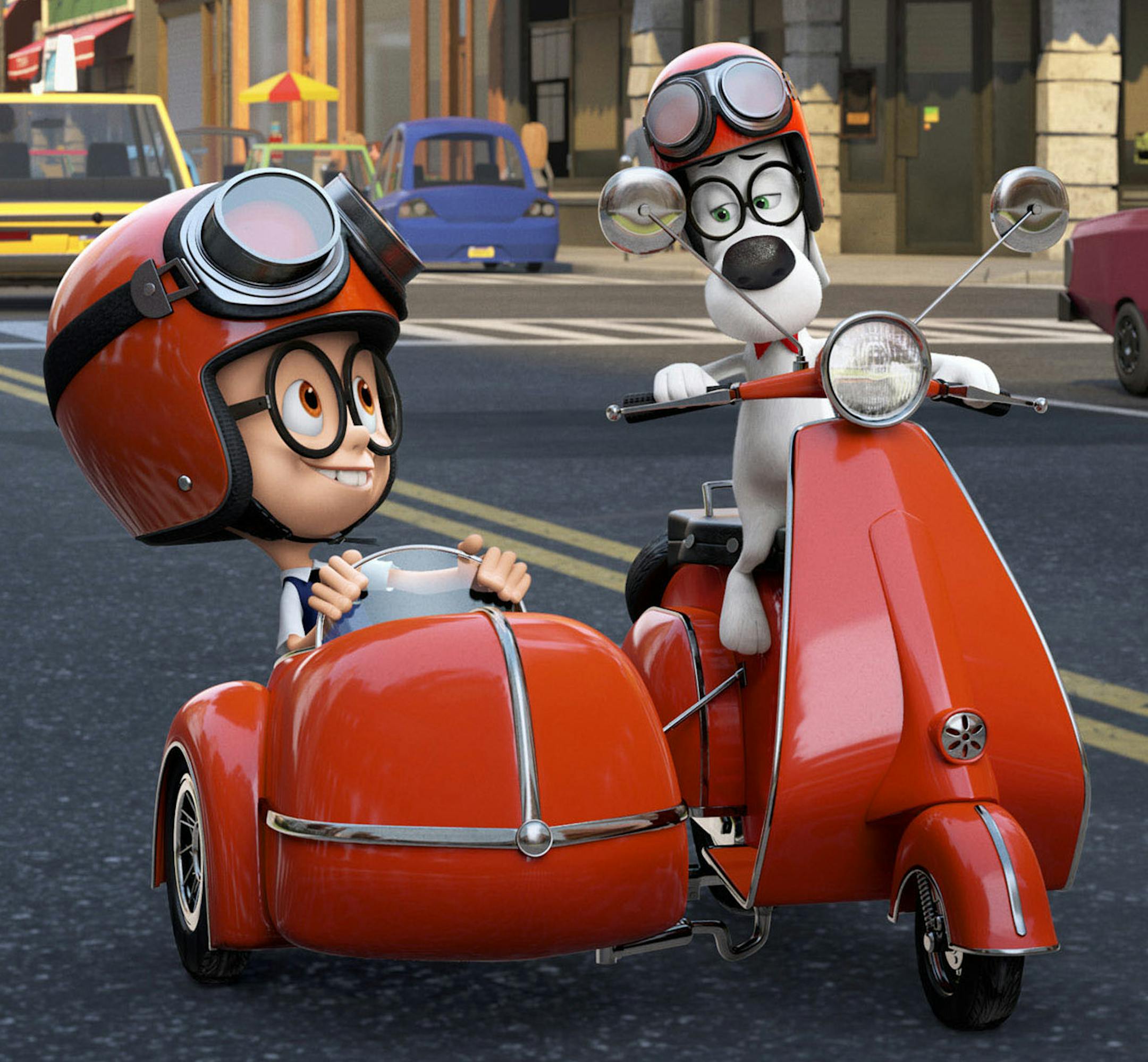 This image released by DreamWorks Animation shows Sherman, voiced by Max Charles, left, and Mr. Peabody, voiced by Ty Burell, in a scene from "Mr Peabody & Sherman." (AP Photo/ DreamWorks Animation)