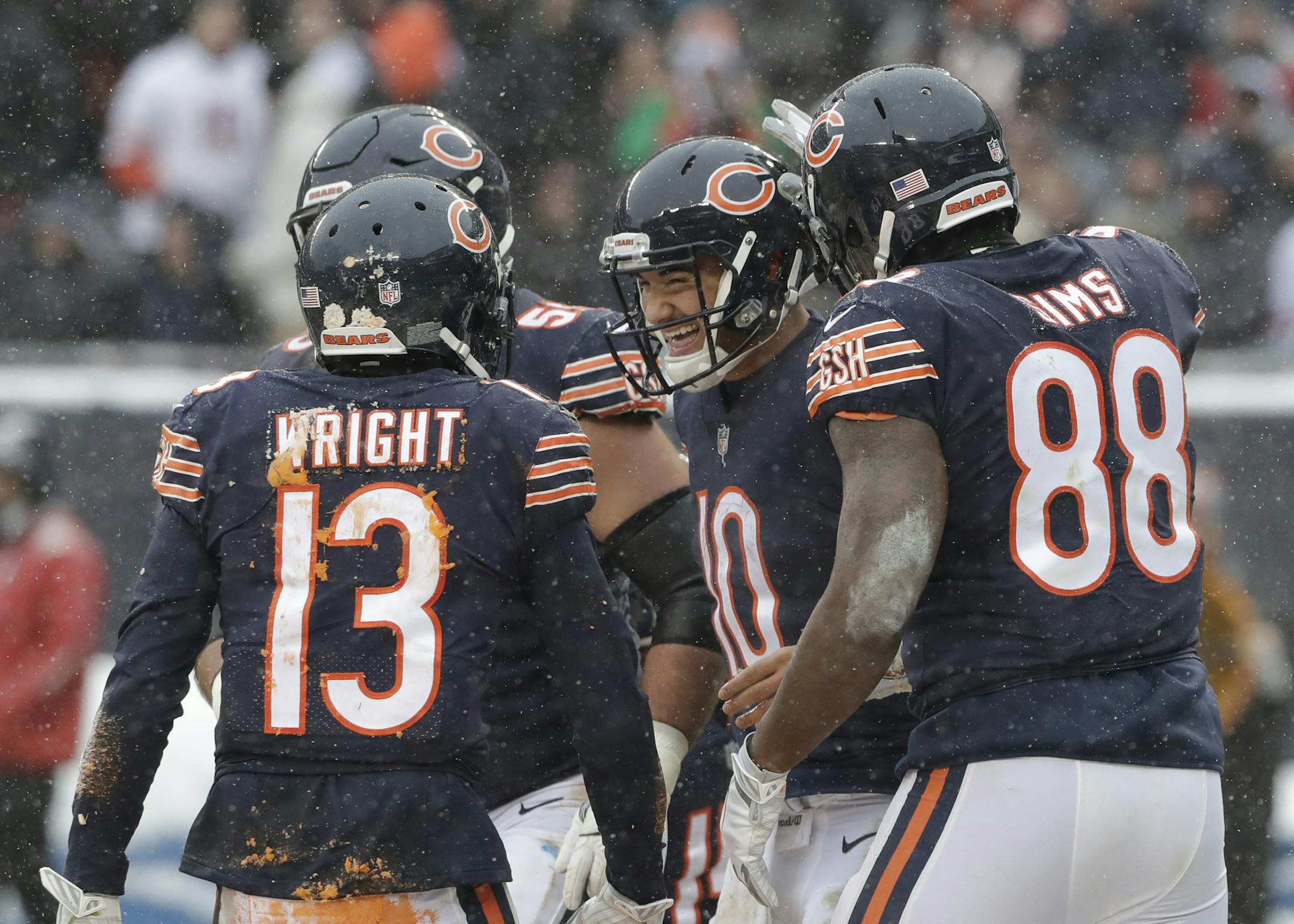 Chicago Bears quarterback Mitchell Trubisky (10) celebrates his four yard touchdown run against the Cleveland Browns in the second half of an NFL football game in Chicago, Sunday, Dec. 24, 2017. (AP Photo/Nam Y. Huh) ORG XMIT: CXB117