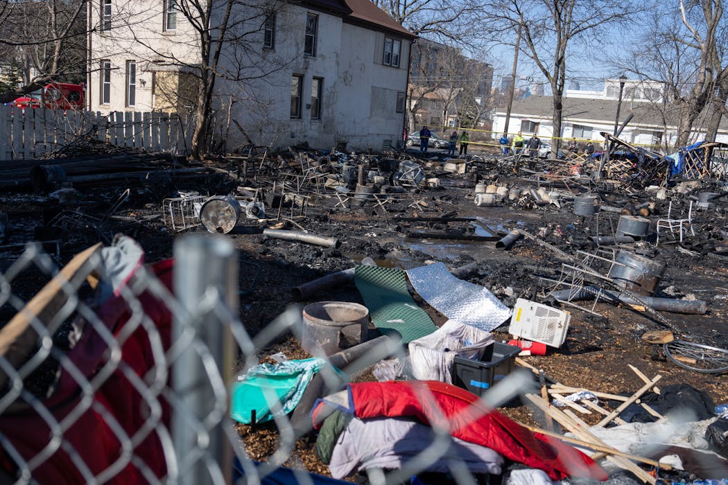 No one was reported killed or injured at a homeless encampment fire at 28th Street E. and 12th Av. S. on Feb. 29 in Minneapolis.