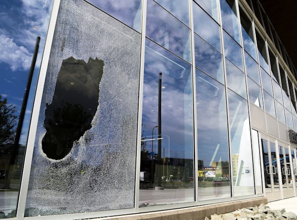 A window was broken near the Ecolab gate entrance to the Hyundai Club at U.S. Bank Stadium.