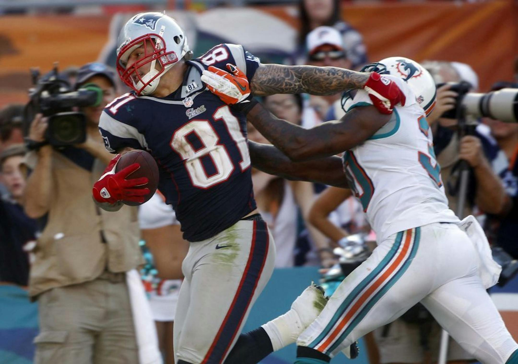 Miami Dolphins strong safety Chris Clemons (30) grabs New England Patriots tight end Aaron Hernandez