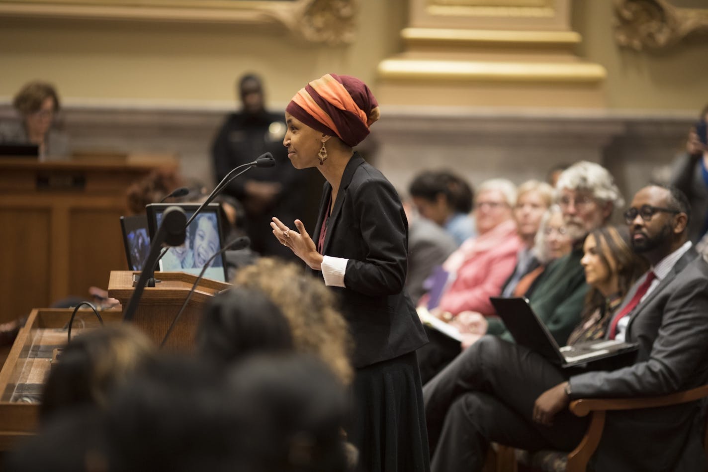 Rep. Ilhan Omar spoke about refugees and immigrants at a Minneapolis City Council meeting in Minneapolis, Minn., on Tuesday, February 7, 2017.