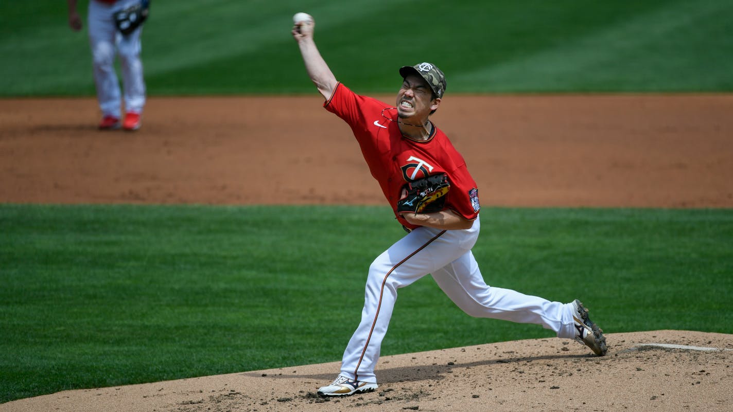 Minnesota Twins pitcher Kenta Maeda throws against the Oakland Athletics during the second inning of a baseball game, Sunday, May 16, 2021, in Minneapolis. The Athletics won 7-6. (AP Photo/Craig Lassig)