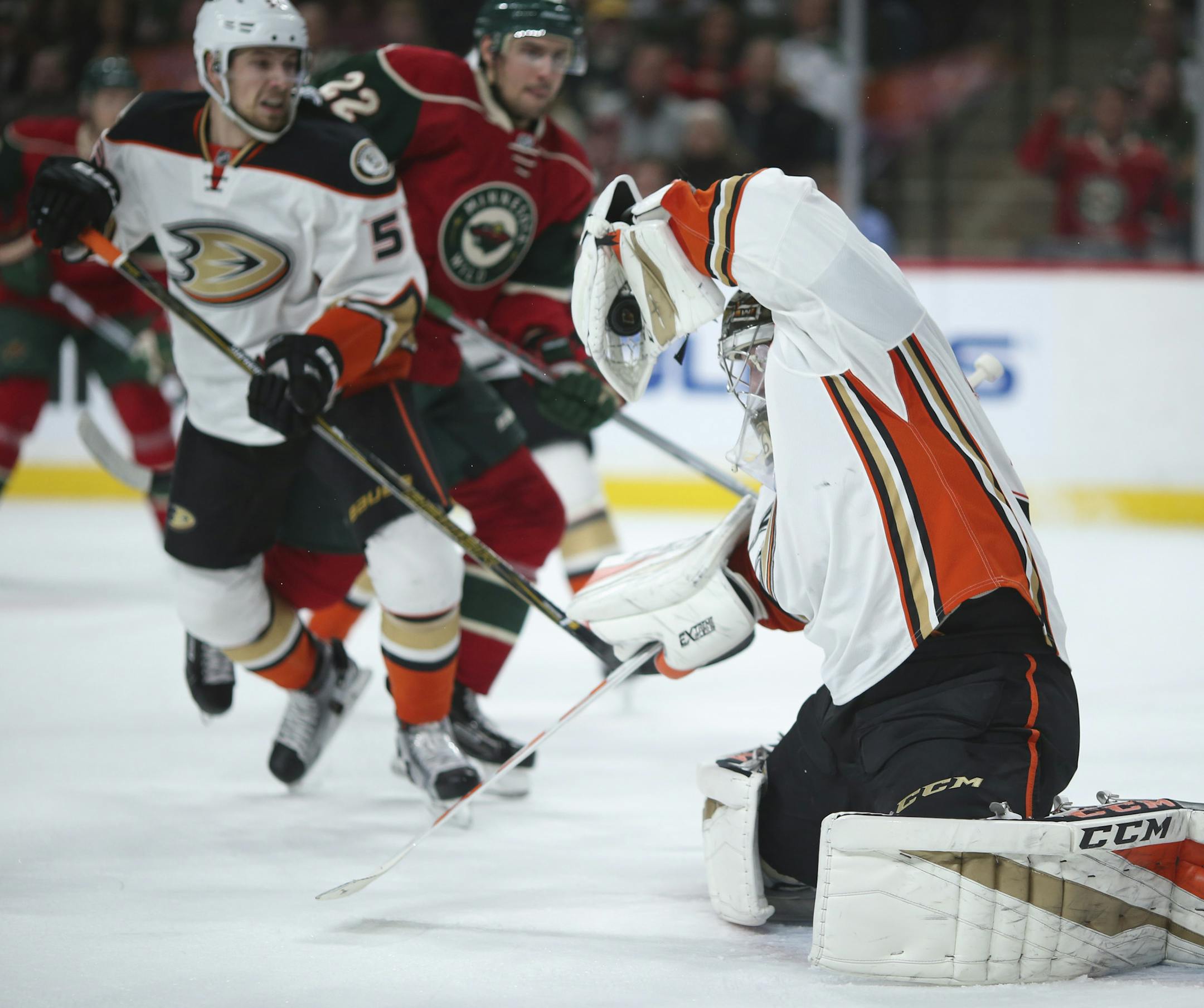 Anaheim Ducks goalie John Gibson (36) made a glove save in the first period. He stopped 37 Wild shots on goal in the shutout. ] JEFF WHEELER ï jeff.wheeler@startribune.com The Minnesota Wild faced the Anaheim Ducks in an NHL hockey game Tuesday night, February 14, 2017 at Xcel Energy Center in St. Paul.