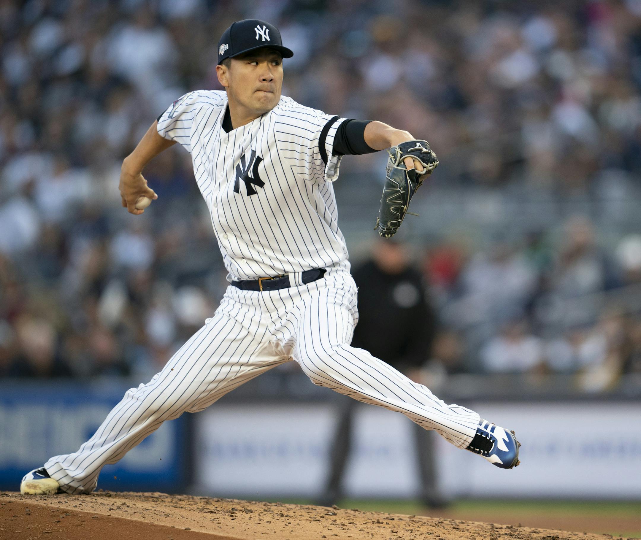 New York Yankees starting pitcher Masahiro Tanaka (19) throwing to the Twins in the first inning. ] JEFF WHEELER • jeff.wheeler@startribune.com The Minnesota Twins met the New York Yankees met in Game 2 of their American League Division Series Saturday night, October 5, 2019 at Yankee Stadium in New York.