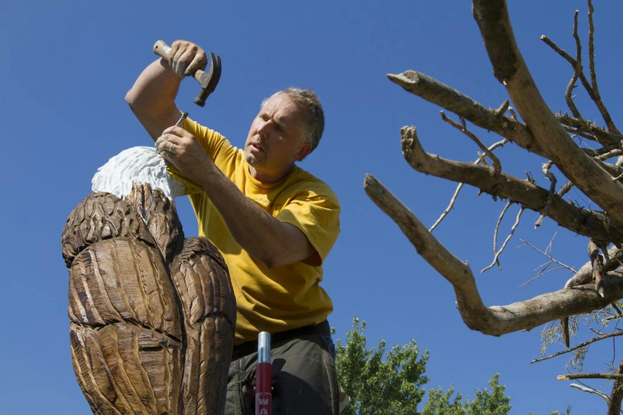 Dean Williams hammered marble eyes into the finished carved bald eagle purched at the top of his 20-foot-high sculpture.