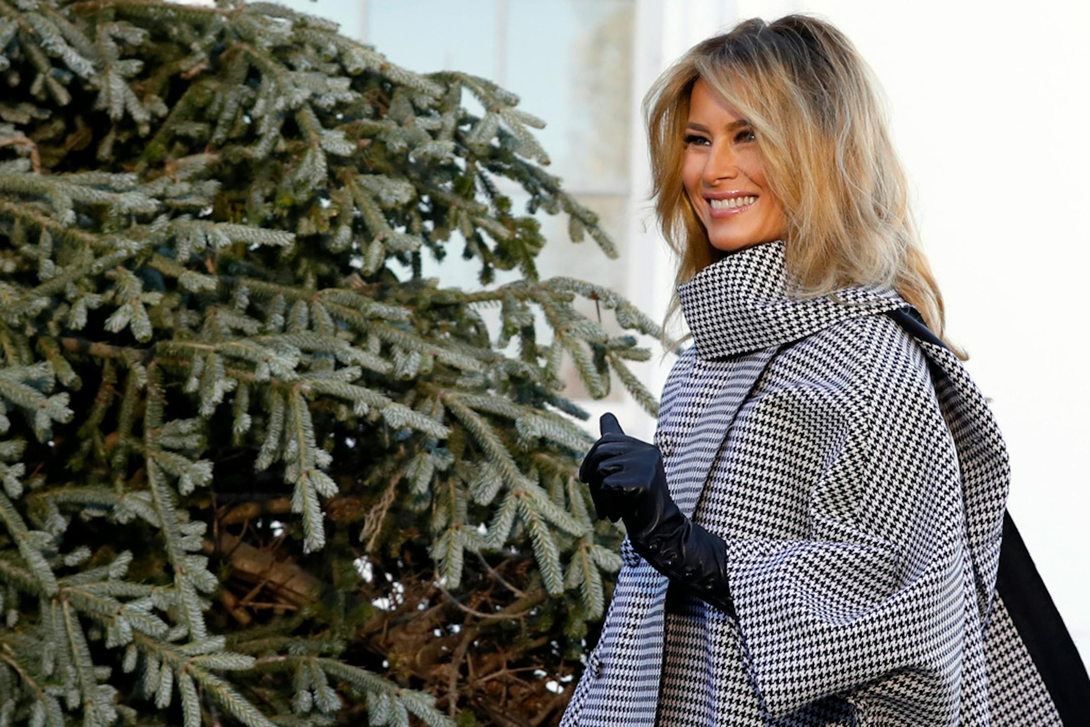 U.S. First Lady Melania Trump receives the White House Christmas Tree in Washington on November 23, 2020. The tree is an 18 and 1/2 foot tall Fraser fir and is from Dan and Bryan Trees in West Virginia and will serve as a centerpiece for Christmas decorations at the White House. (Yuri Gripas/Abaca Press/TNS) ORG XMIT: 1844333