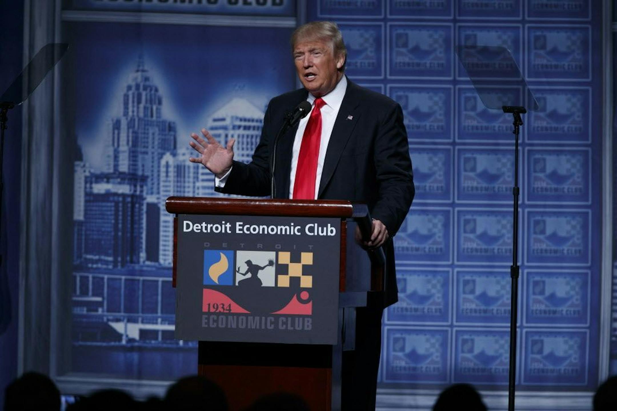 Republican presidential candidate Donald Trump delivers an economic policy speech to the Detroit Economic Club, Monday, Aug. 8, 2016, in Detroit.