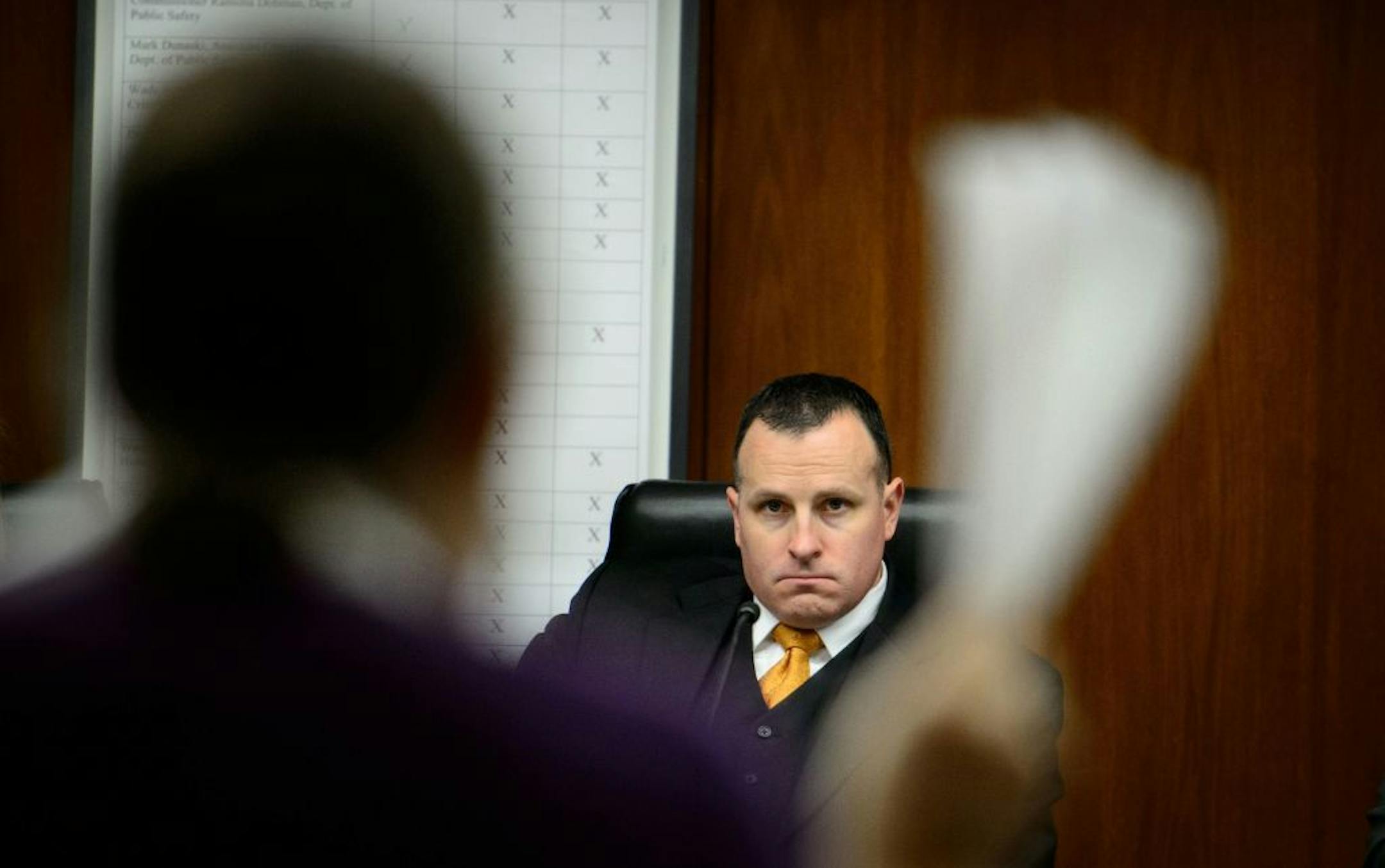 Committee chair Rep. John Lesch listened as Rich Neumeister testified about police surveillance during a hearing of the House Civil Law committee. only 6 of the 20 invited law enforcement officers attended. Tuesday morning, January 28, 2014