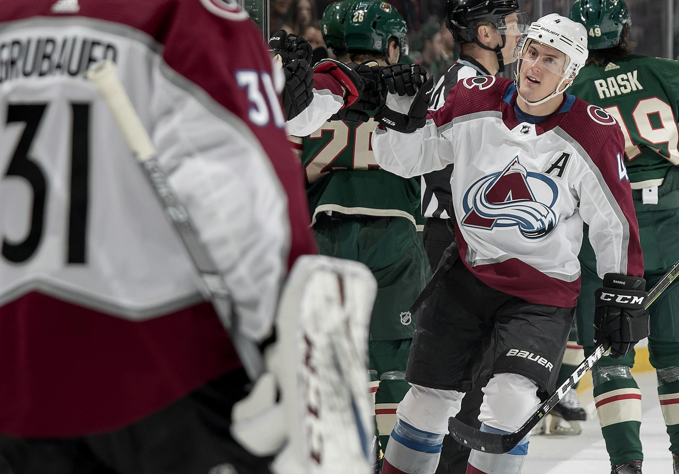Tyson Barrie celebrated with teammates after scoring a goal in the first period.