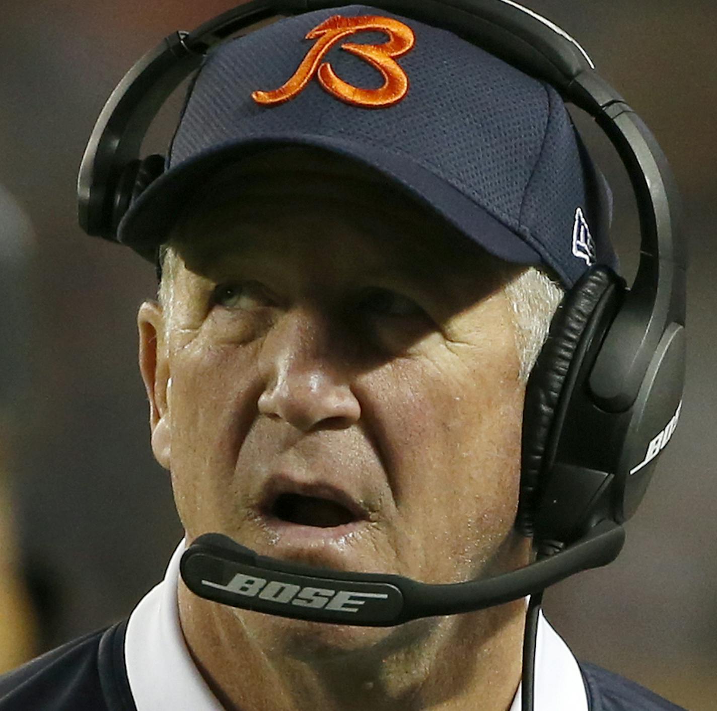 Chicago Bears head coach John Fox talks on his headset during the first half of an NFL preseason football game against the Cleveland Browns, Thursday, Aug. 31, 2017, in Chicago. (AP Photo/Nam Y. Huh)