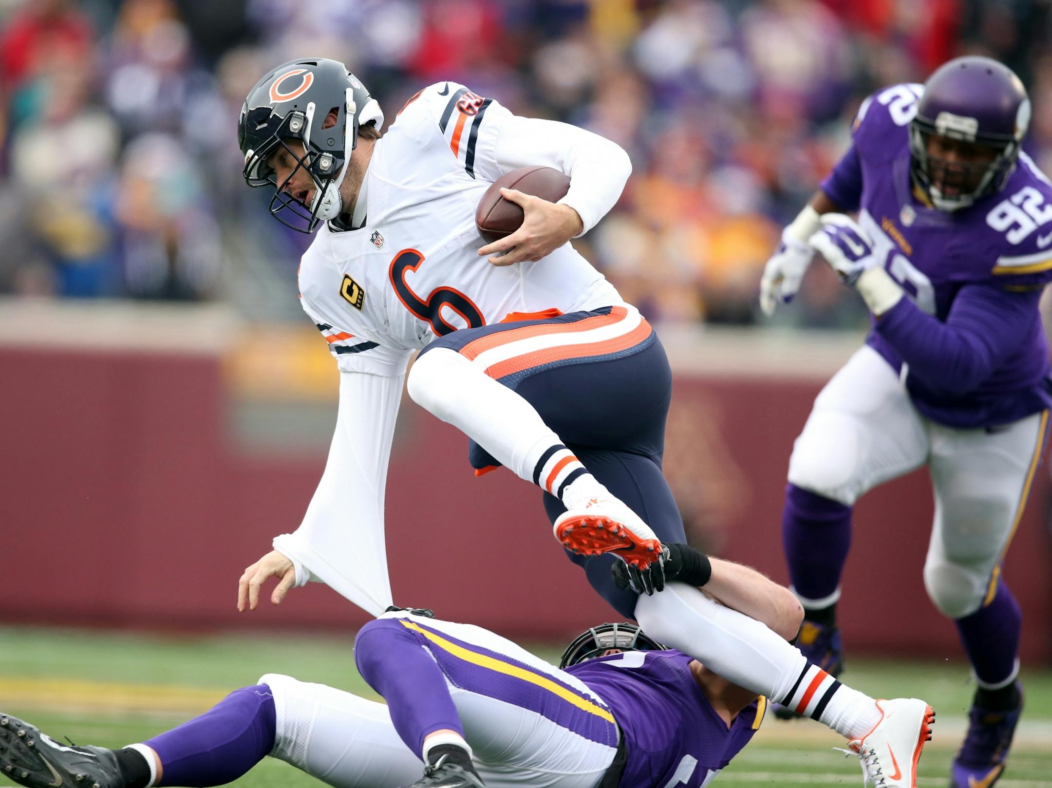 Minnesota Vikings outside linebacker Chad Greenway (52) sacked Chicago Bears quarterback Jay Cutler (6) in the first quarter Sunday December 20, 2015 in Minneapolis, MN.