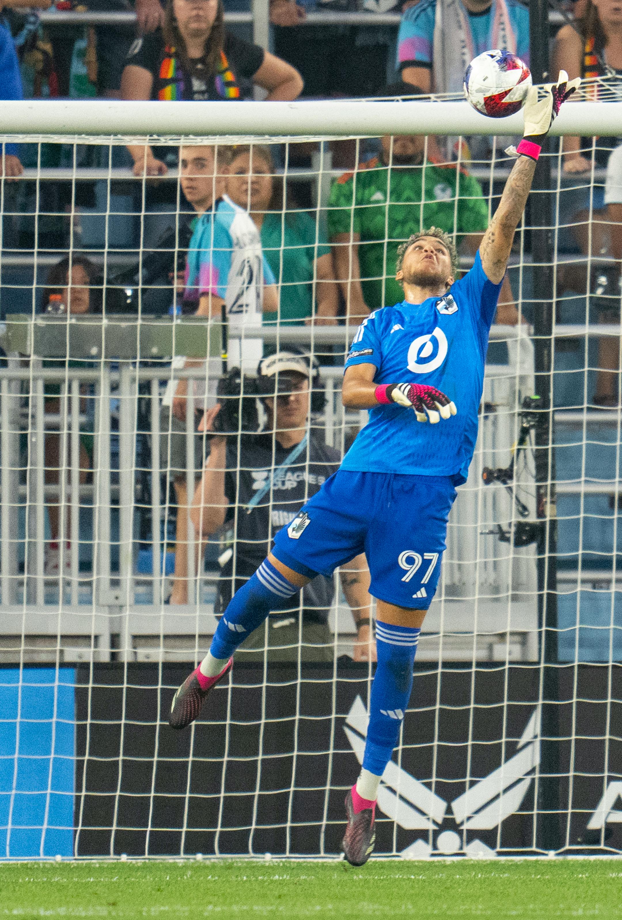 Minnesota United goalkeeper Dayne St. Clair makes a save against Puebla in the first half of a Leagues Cup match Sunday.