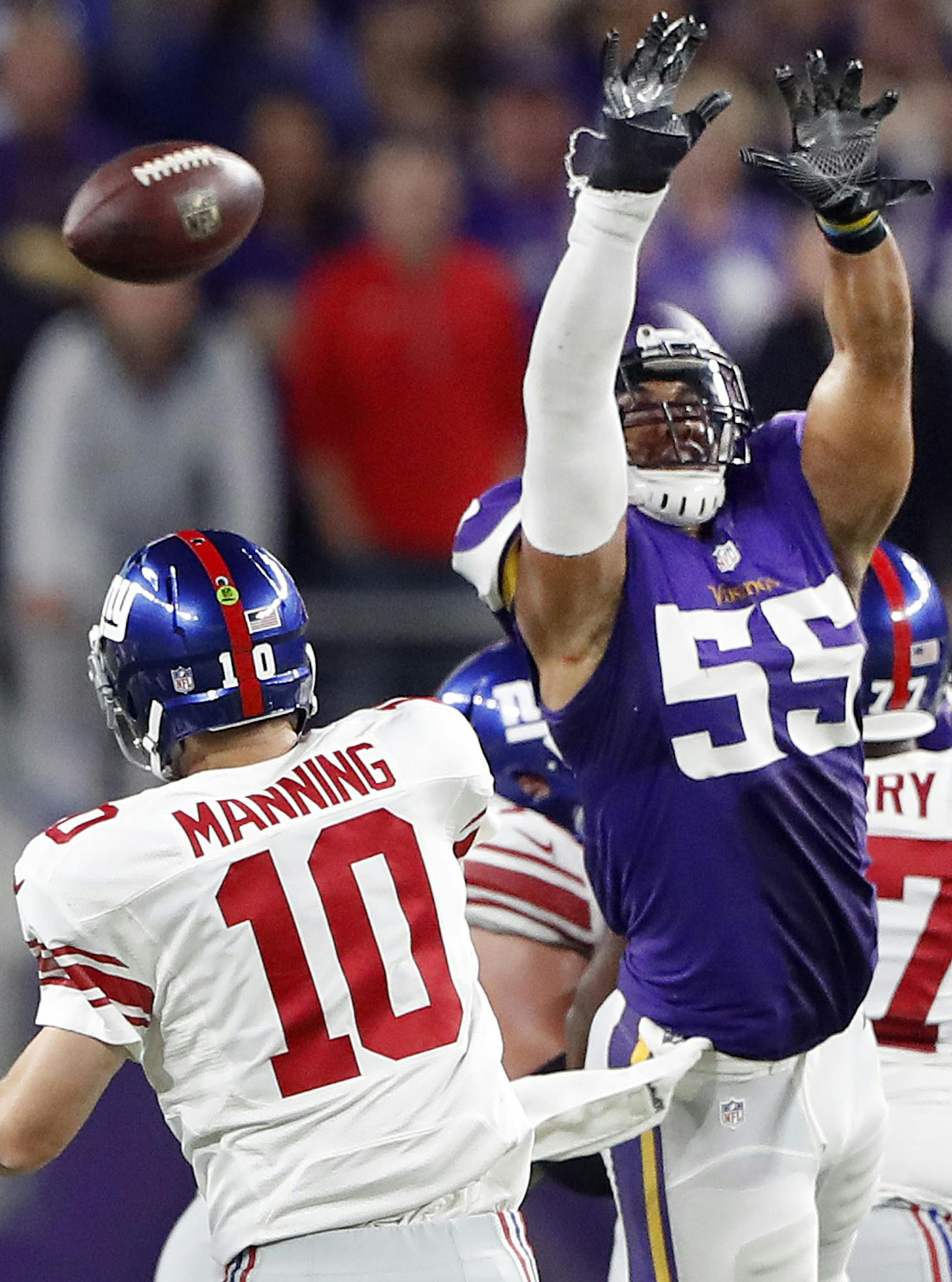 Minnesota Vikings outside linebacker Anthony Barr (55) tipped a pass thrown by New York Giants quarterback Eli Manning (10) on a 4th and 5 late in the fourth quarter. The Vikings faced the New York Giants in an NFL Monday Night Football game on October 3, 2016 at U.S. Bank Stadium in Minneapolis MN. (Jerry Holt/Minneapolis Star Tribune/TNS) ORG XMIT: 1191102 ORG XMIT: MIN1610040004312536