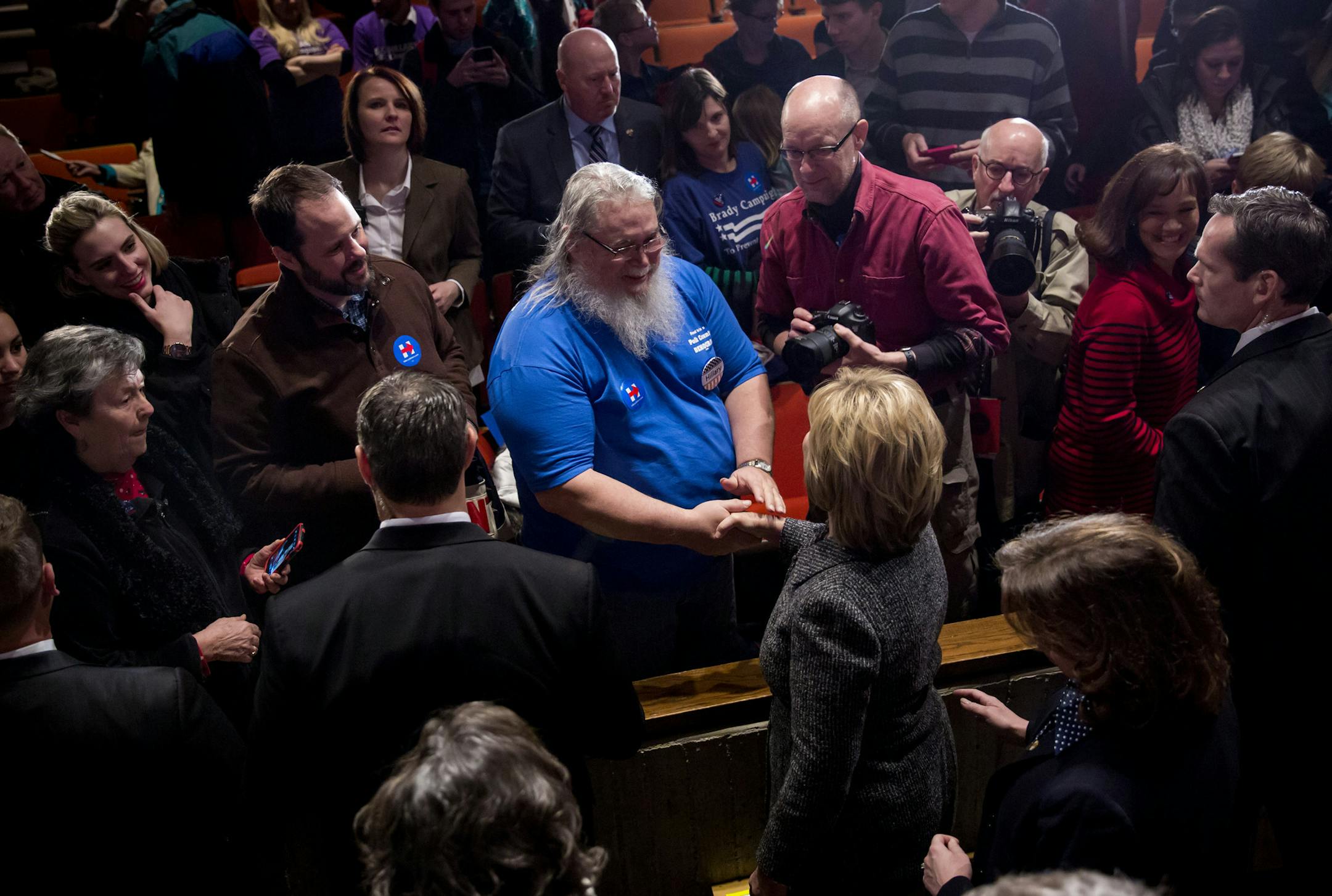 Hillary Clinton greets a supporter after speaking at Iowa State University in Ames, Jan. 12, 2016. Clinton aggressively attacked Sen. Bernie Sanders, on gun control policy. “If you’re going to go around saying you’ll stand up to special interests, well, stand up to the most powerful special interest – stand up to that gun lobby,” Clinton said here. (Eric Thayer/The New York Times)