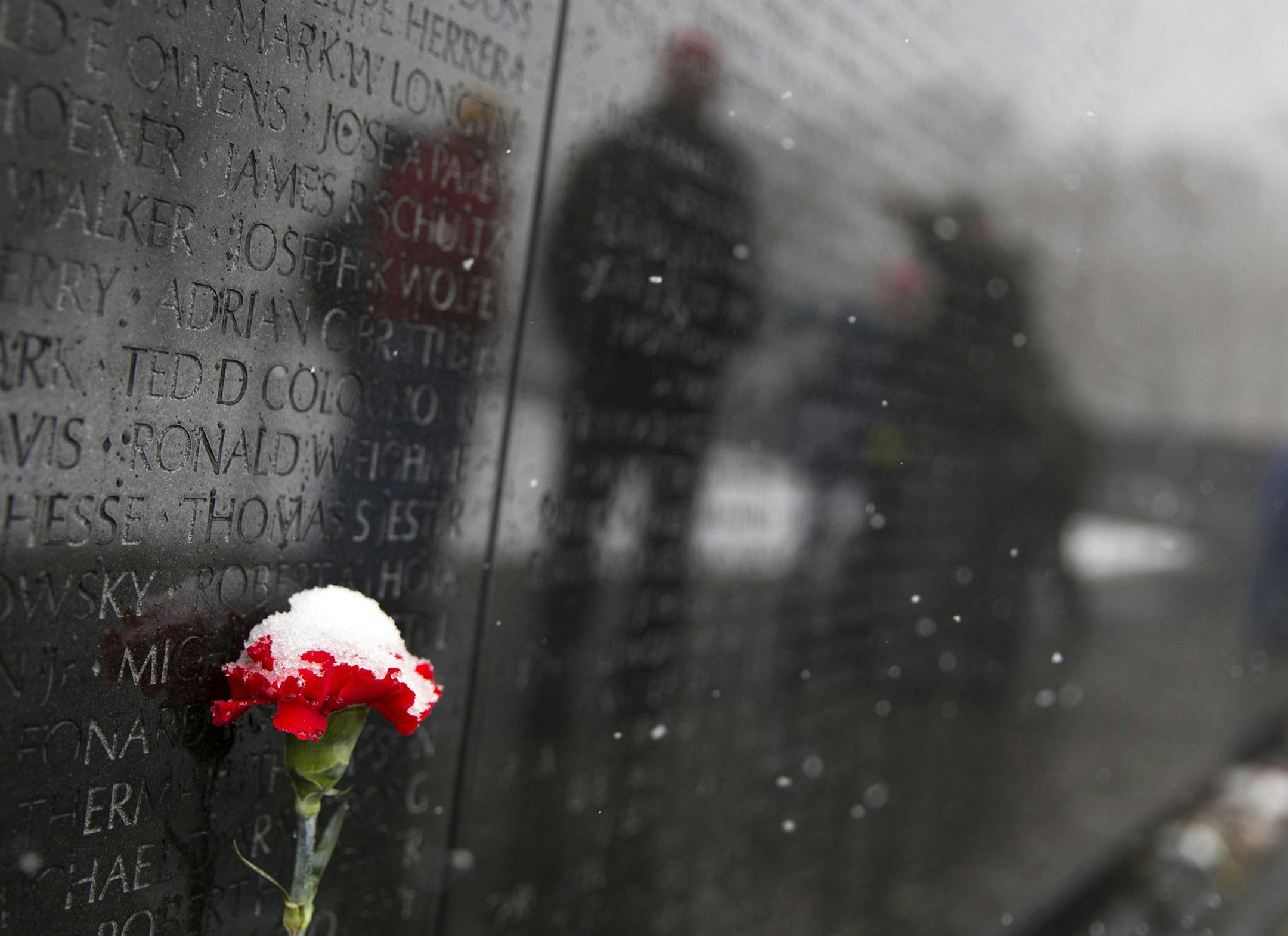 A snow-covered carnation sits at the Vietnam Veterans Memorial in Washington, Tuesday, March 25, 2014. The calendar may say it's spring, but the mid-Atlantic region is seeing snow again. The National Weather Service has issued a winter weather advisories for much of the region Tuesday. The advisories warn that periods of snow could make travel difficult, with slippery roads and reduced visibility. (AP Photo/ Evan Vucci) ORG XMIT: MIN2014041512295239