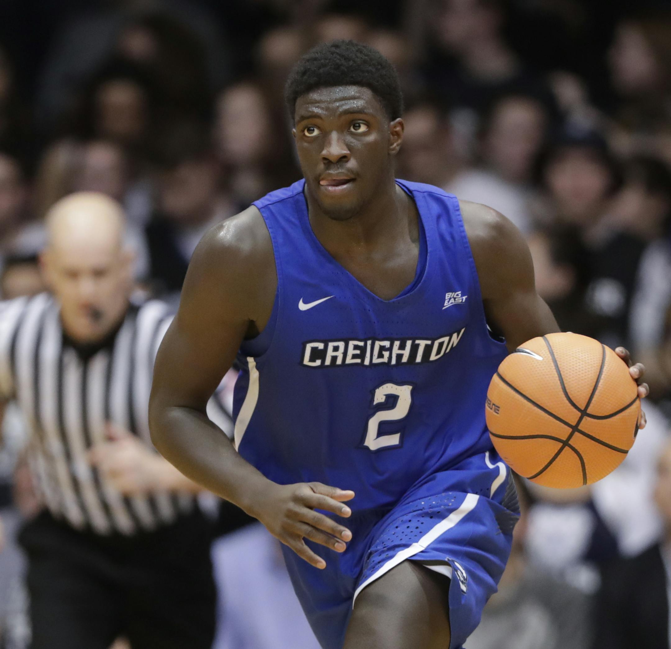 Creighton guard Khyri Thomas (2) brings the ball up court against Butler in the second half of an NCAA college basketball game in Indianapolis, Tuesday, Feb. 20, 2018. Butler defeated Creighton 93-70. (AP Photo/Michael Conroy) ORG XMIT: INMC10