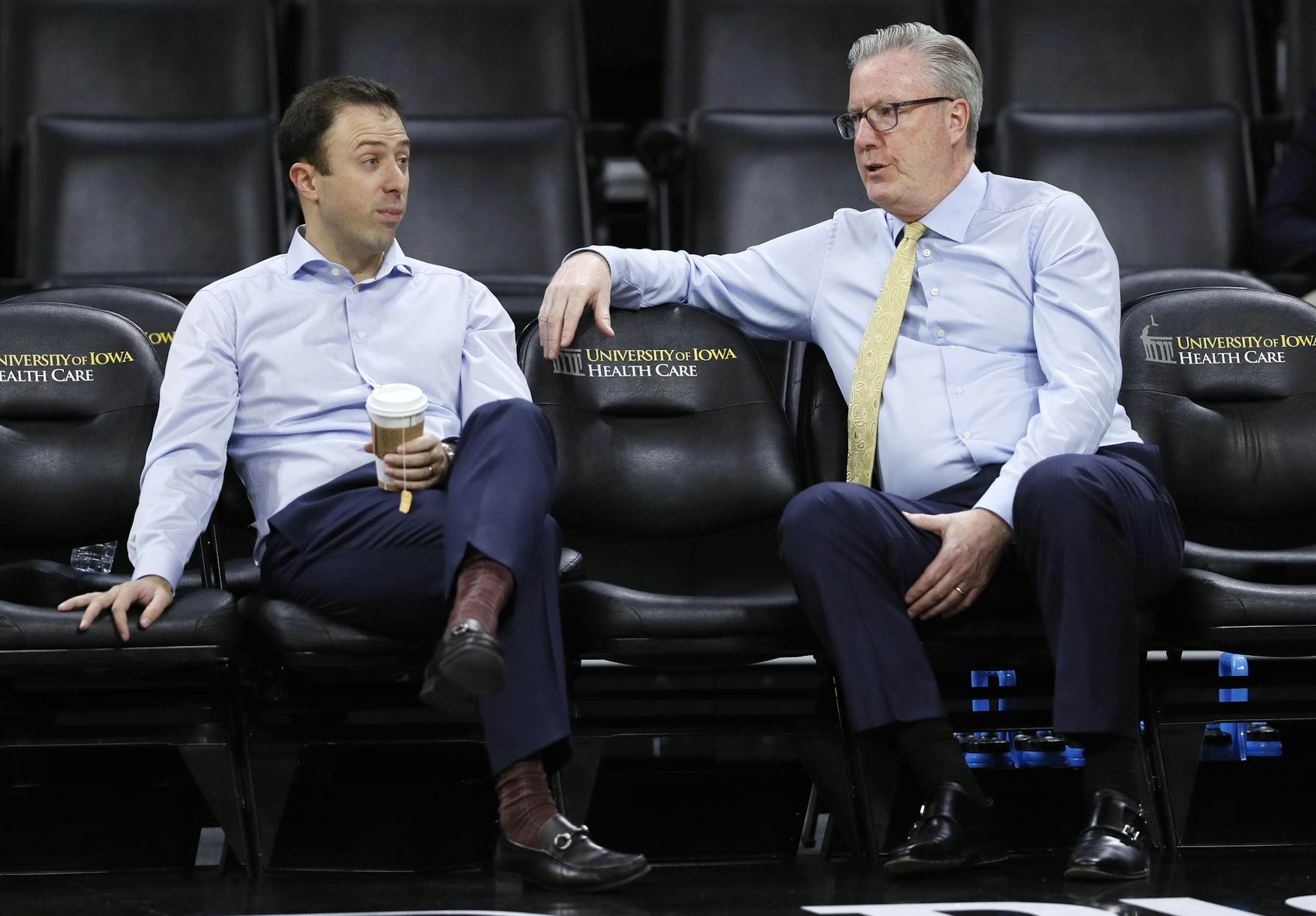 Minnesota head coach Richard Pitino, left, talks with Iowa head coach Fran McCaffery before an NCAA college basketball game, Monday, Dec. 9, 2019, in Iowa City, Iowa. (AP Photo/Charlie Neibergall)