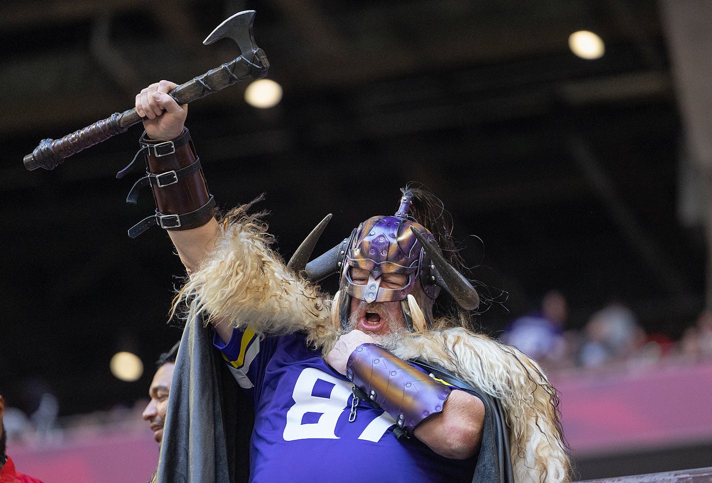 A Vikings fan celebrates at Mercedes-Benz Stadium in Atlanta, Georgia, on Friday, Nov. 3, 2023. ] Elizabeth Flores • liz.flores@startribune.com