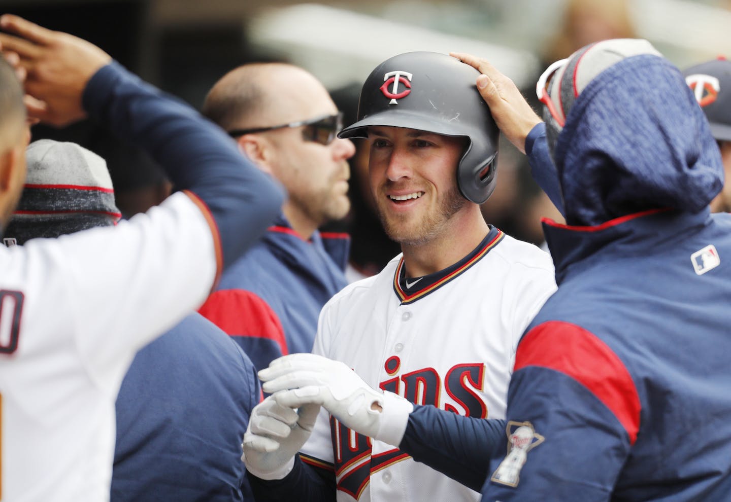 Minnesota Twins catcher Mitch Garver (23) celebrates hitting a home run in the 7th inning. ] LEILA NAVIDI &#xef; leila.navidi@startribune.com BACKGROUND INFORMATION: The Minnesota Twins home opener against the Seattle Mariners at Target Field in Minneapolis on Thursday, April 5, 2018. The Twins won 4-2.