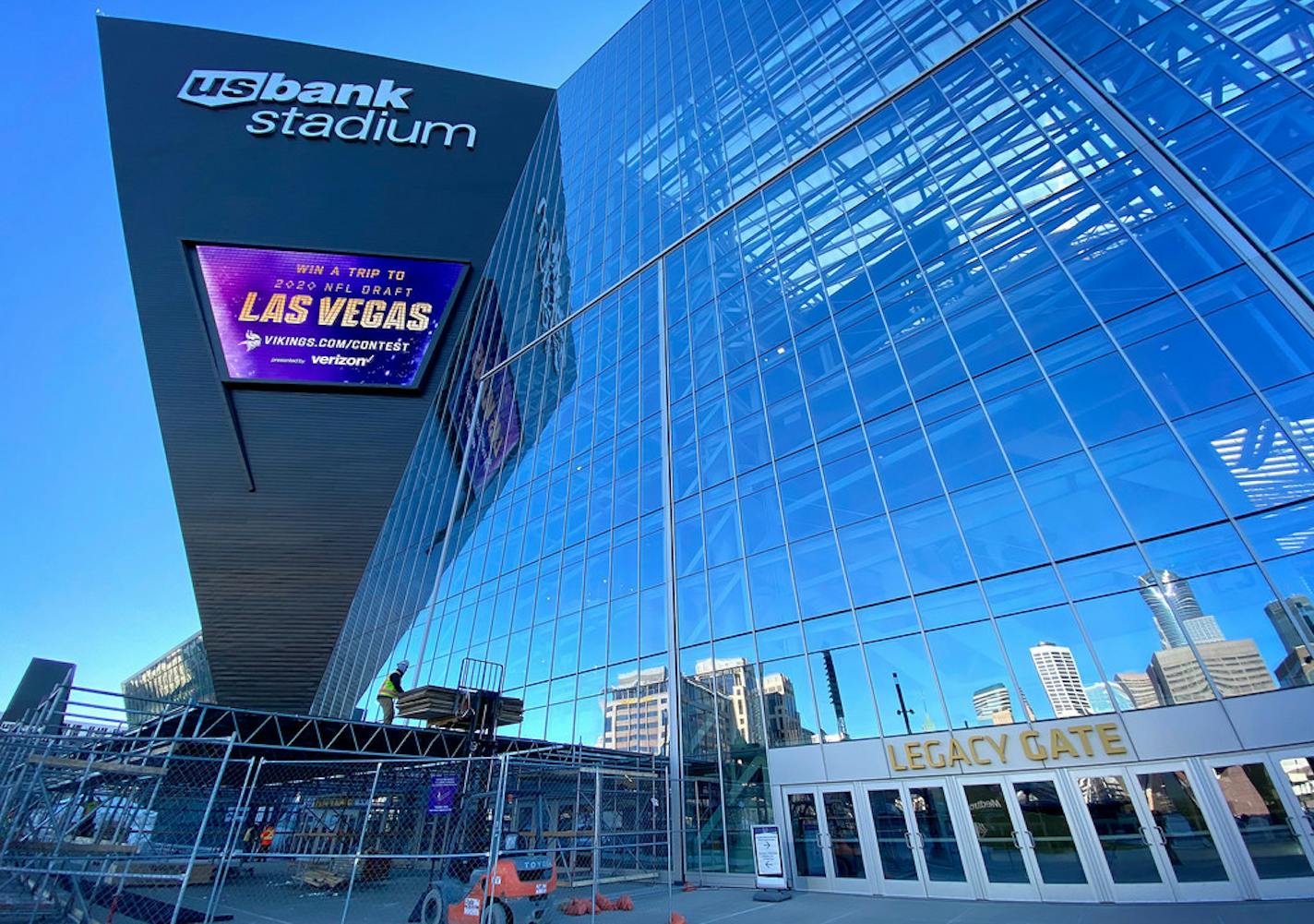 Construction workers built scaffolding on the northwest side of U.S. Bank Stadium on Friday ahead of the replacement work.