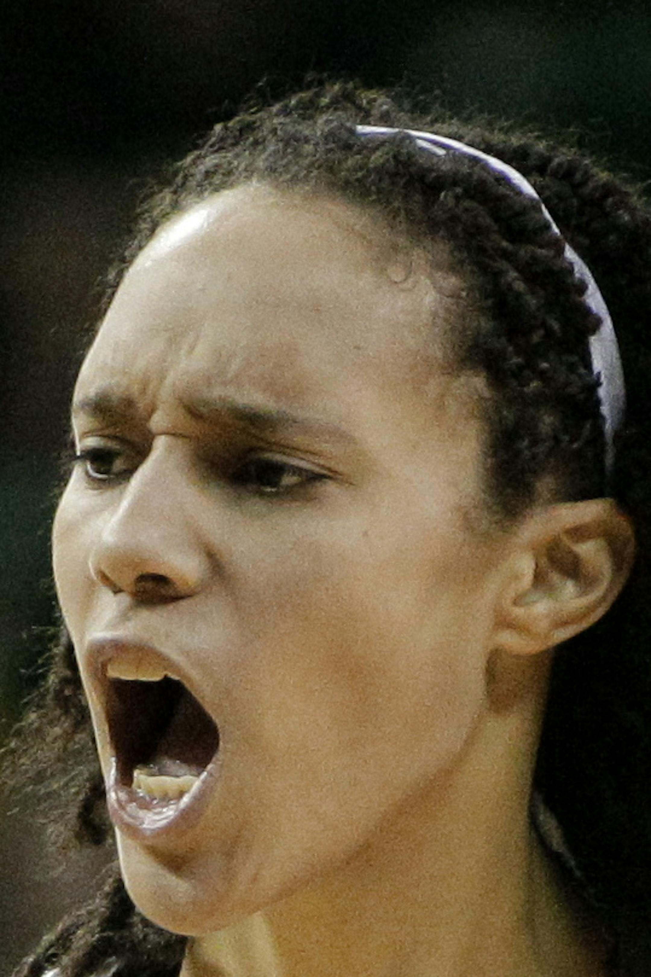 Baylor 's Brittney Griner (42) celebrates a basket against Iowa State in the second half of an NCAA college basketball game Saturday, March 3, 2012, in Waco, Texas. Griner scored a career-high 41-points and top-ranked Baylor completed its first undefeated regular season with a 7-53 win over Iowa State on Saturday. (AP Photo/Tony Gutierrez)